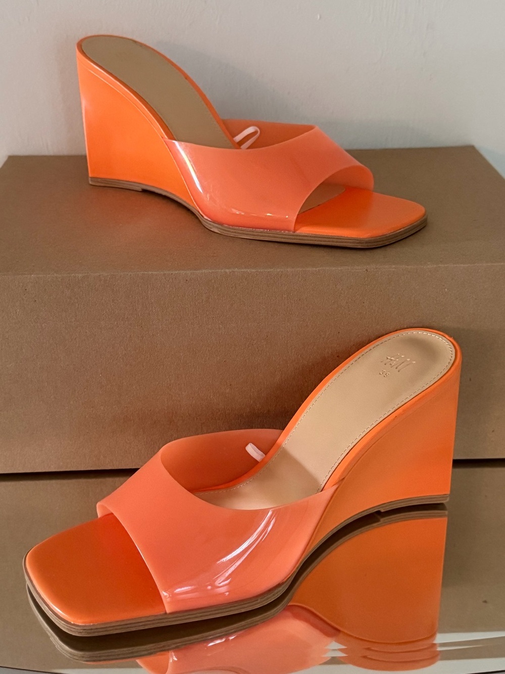 H&M Wedge Heel Mules Women’s Size 8 Orange Patent Square Toe